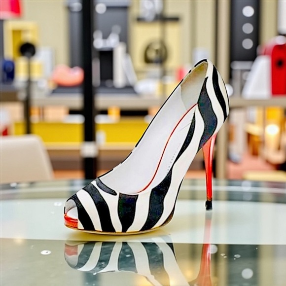 Giuseppe Zanotti Peep Toe Black and White Zebra Print Red Heels Shoes 10.5 B - Picture 1 of 7